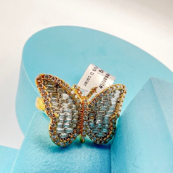 925 Sterling Sliver Moissanite Butterfly Ring, 1.31ctw VVS Stones with Baguettes - Picture 4 of 6